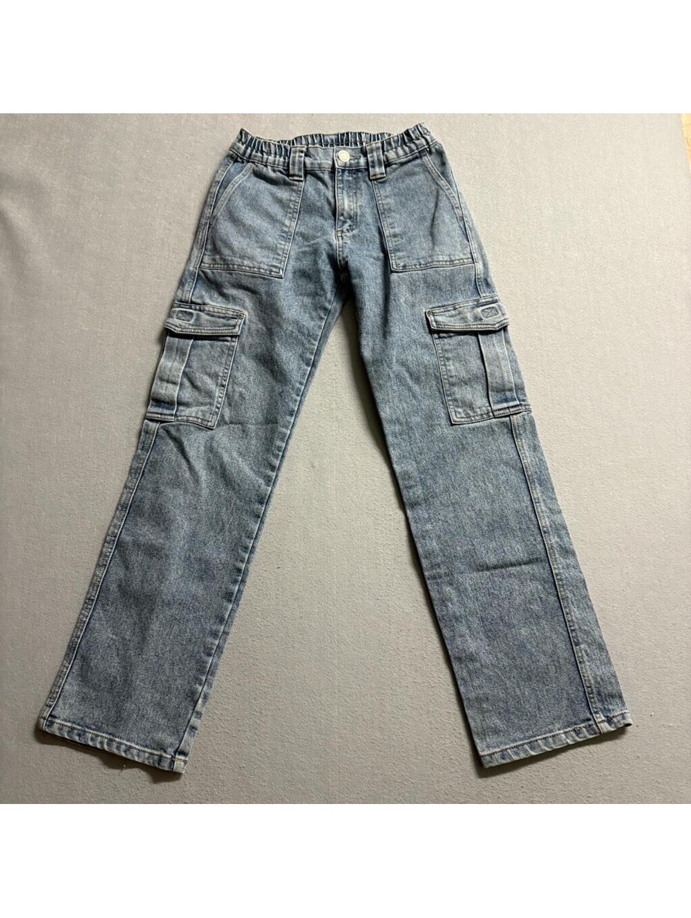 Excuse Girls Blue Cargo Jeans Size S Elastic Waist Straight Leg Denim Utility